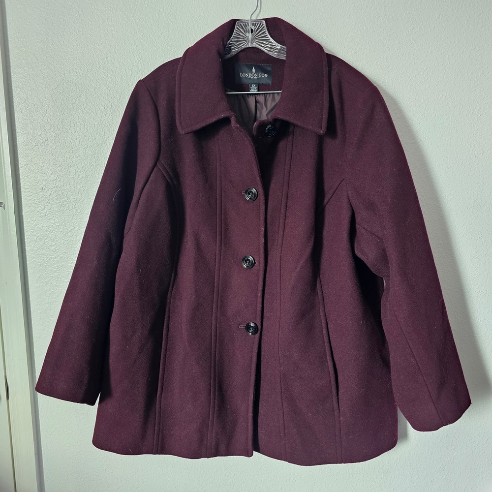 London Fog Womens Plum Wool Blend Button Front Pea Coat Jacket Plus Size 2X